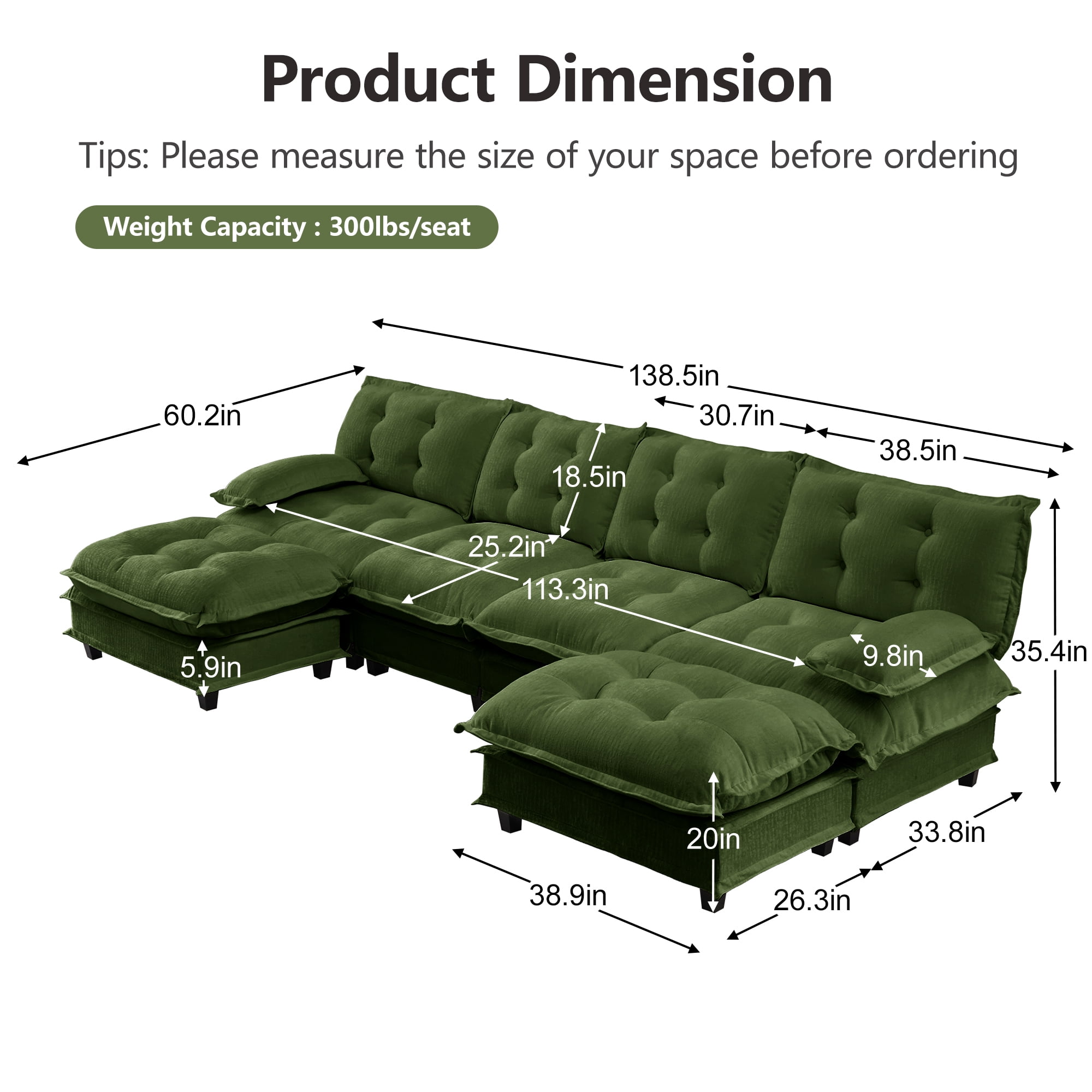 AISWORD 138" U-Shaped Modular Sectional Cloud Sofa with 2 Ottomans, Chenille Fabric Deep Seat Couch with Lattice Decored Cushions