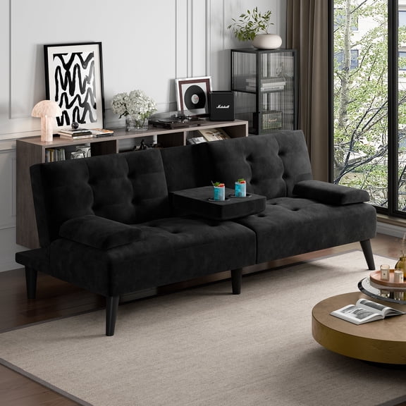 Walsunny Futon Sofa Bed with Hidden Cup Holders, Modern Convertible Folding Futon Couch with 3-Angle Adjustment for Living Room, Small Space, Black