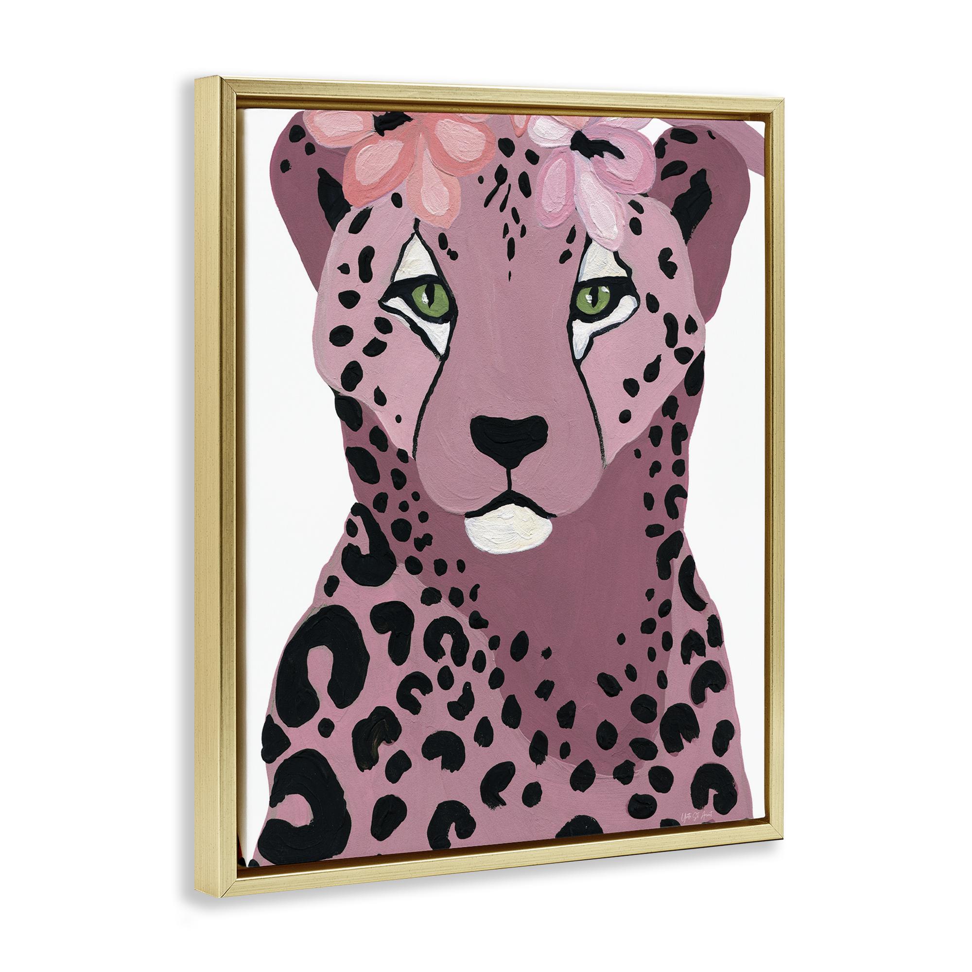 Stupell Industries Cheetah with Pink Blossoms Animals & Insects Painting Gold Floater Framed Canvas Art Print Wall Art, 17 x 21