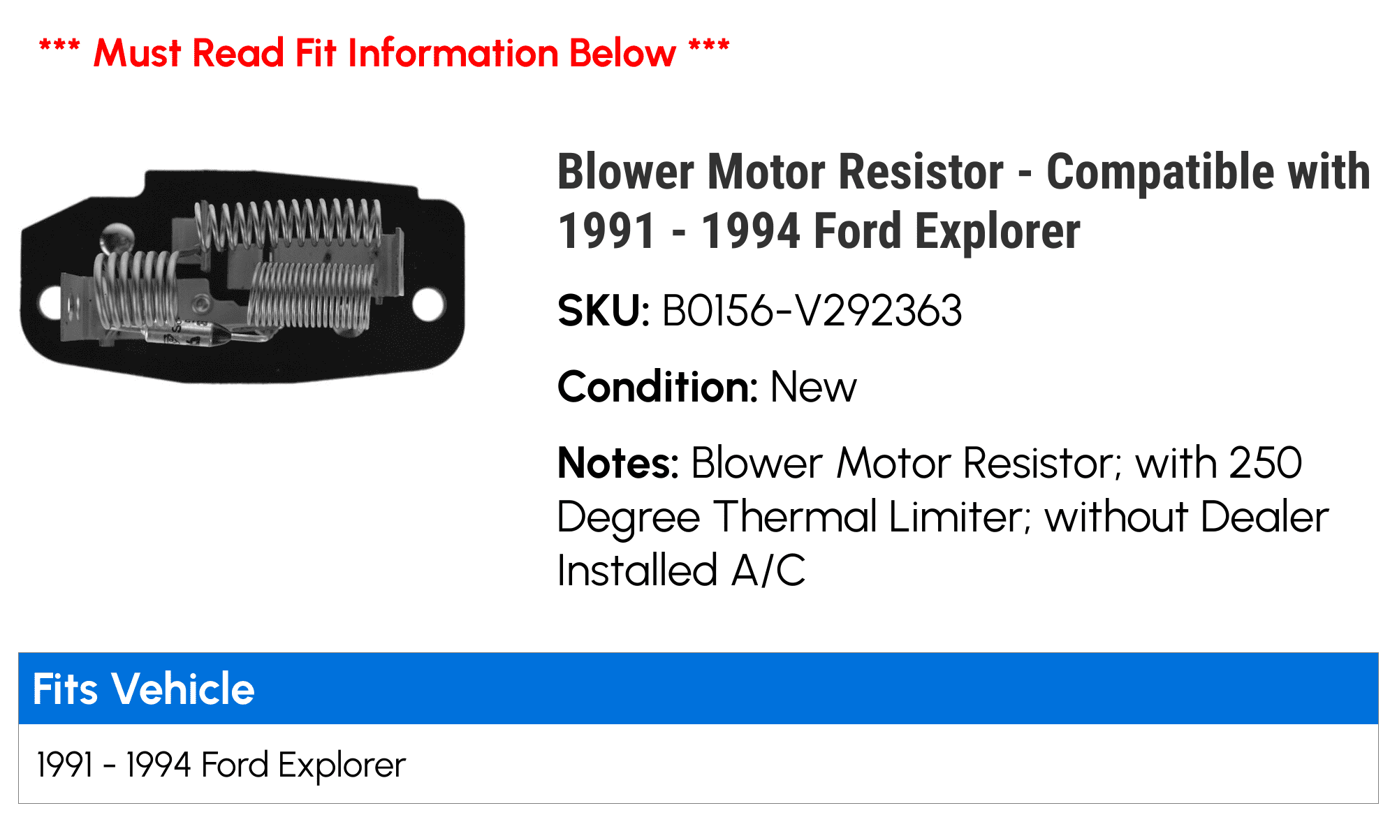 Blower Motor Resistor - Compatible with 1991 - 1994 Ford Explorer 1992 1993