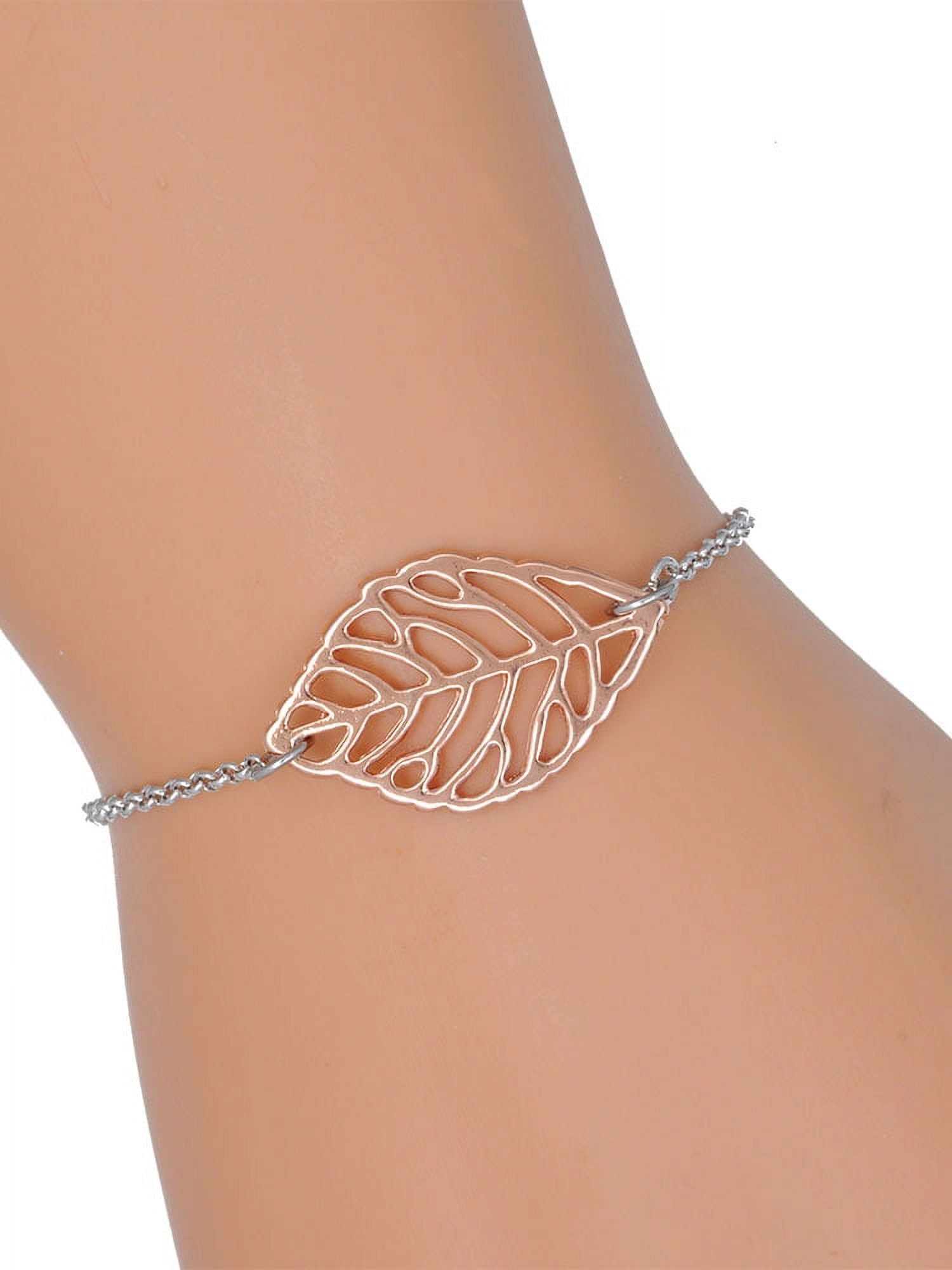 Delight Jewelry Silvertone Equestrian Horse - Rose Goldtone Leaf Delicate Bracelet, 6.25+1.75"