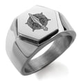 thumbnail image 1 of Stainless Steel Gungnir Odin's Spear Viking Norse Engraved Hexagon Crest Flat Top Biker Style Polished Ring, 1 of 1