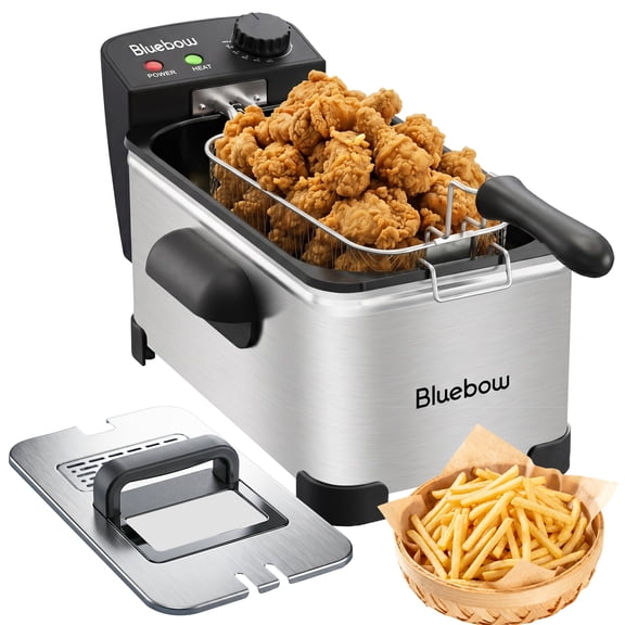 Bluebow Electric Deep Fryer with Basket, 3.2QT/3L Oil Capacity for Home Use, 1700W Immersion Fryer, Adjustable Temperature, Lid with Easy-viewing Window, Stainless Steel