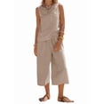 thumbnail image 3 of Women'S Summer 2 Piece Outfits Striped Sleeveless Top and Cropped Wide Leg Pants Sets Pockets Khaki L, 3 of 8