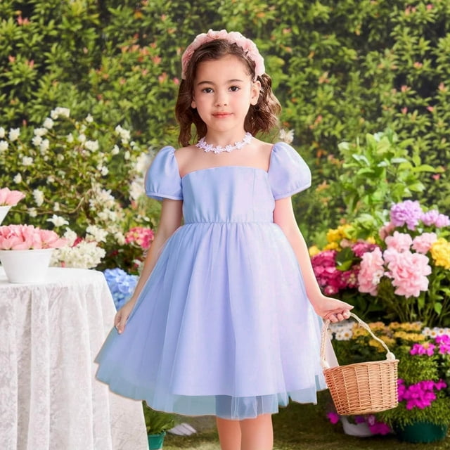 Vestido de verano de malla de manga corta de color liso para niñas pequeñas y preescolares.