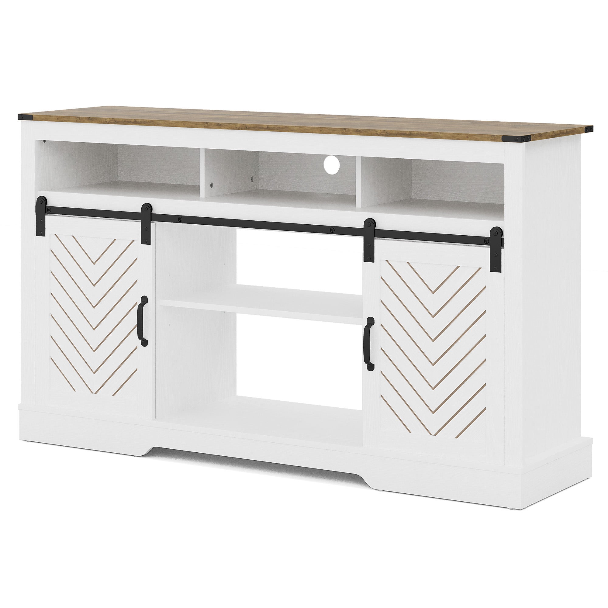 May in Color Farmhouse TV Stand, 34 Inch Tall, for 65+ Inch TV, Sliding Bar Door, Wood-Tone White