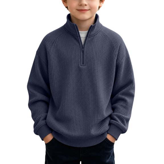 Qingpeng Boys Girls Half Zip Pullover Mock Neck Long Sleeve Textured Knit Sweatshirt for Fall Winter