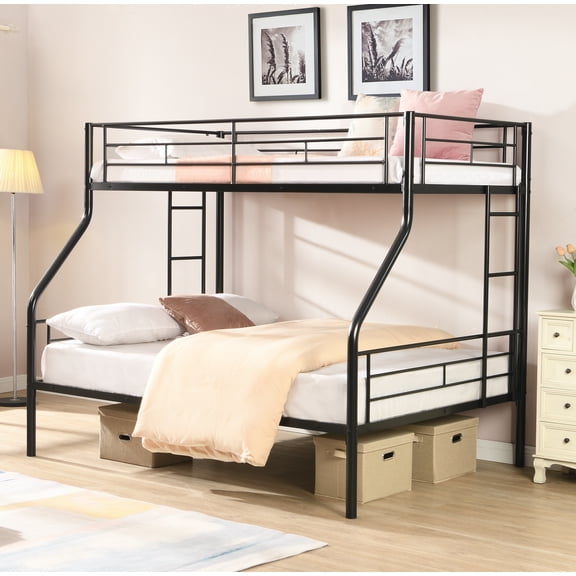 DeepRoar Twin over Full Bunk Bed, Metal Bunk Bed Frame with 2 Ladders and 13.4" Under Bed Storage, Bunk Beds for Teens and Adults, Space Saving Bunk Bed for Bedroom, Dorm, No Box Spring Needed, Black