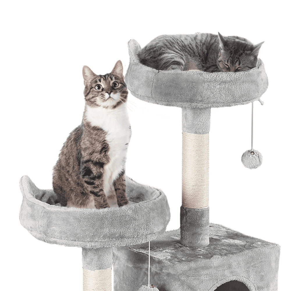 Alden Design 70″H Multi Level Cat Tower Tree with 2 Condos & 2 Foam-Padded Perches for Medium/Large Cats, Light Gray
