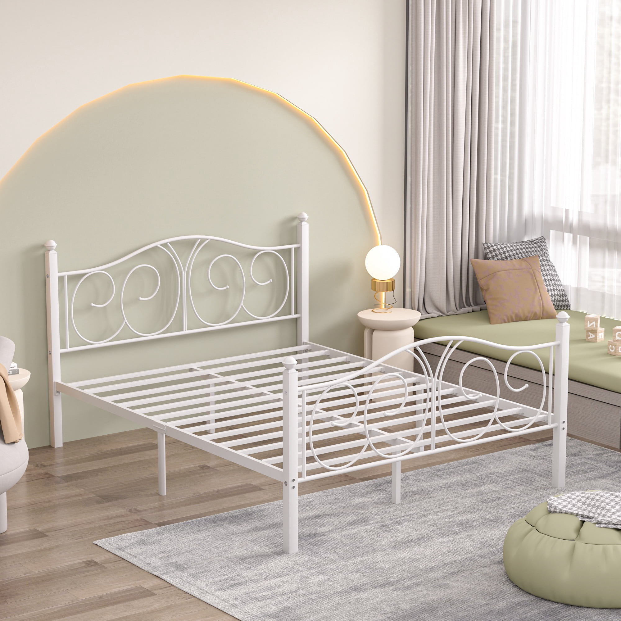 VECELO Queen Metal Bed Frame with Headboard and Footboard, Heavy Duty Slat Support Platform Frame for Bedroom, No Box Springs Needed, White