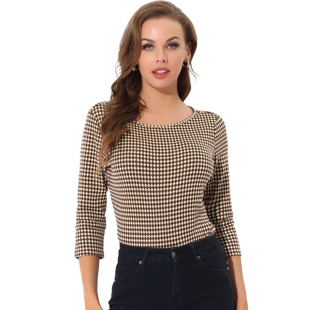 Blusa Estampado De Pata De Gallo Allegra K Manga 3/4 Cuello Del Barco Oficina Trabajo Para Mujer Marrones XL