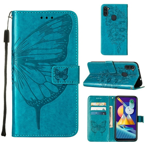 Galaxy M11 Case,Galaxy A01 Wallet Case, Embossed Butterfly PU Leather Credit Card Holder Slots Protection Kickstand Flip Folio Shockproof TPU Phone Cover for Samsung Galaxy A01/M11,Blue