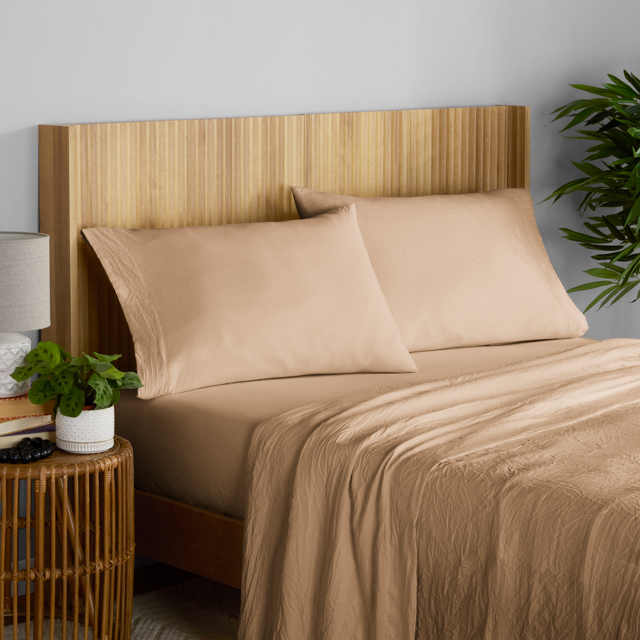 Mainstays Enzyme Washed Microfiber Bed Sheet Set, Fatigue Tan, King, 4 Pieces