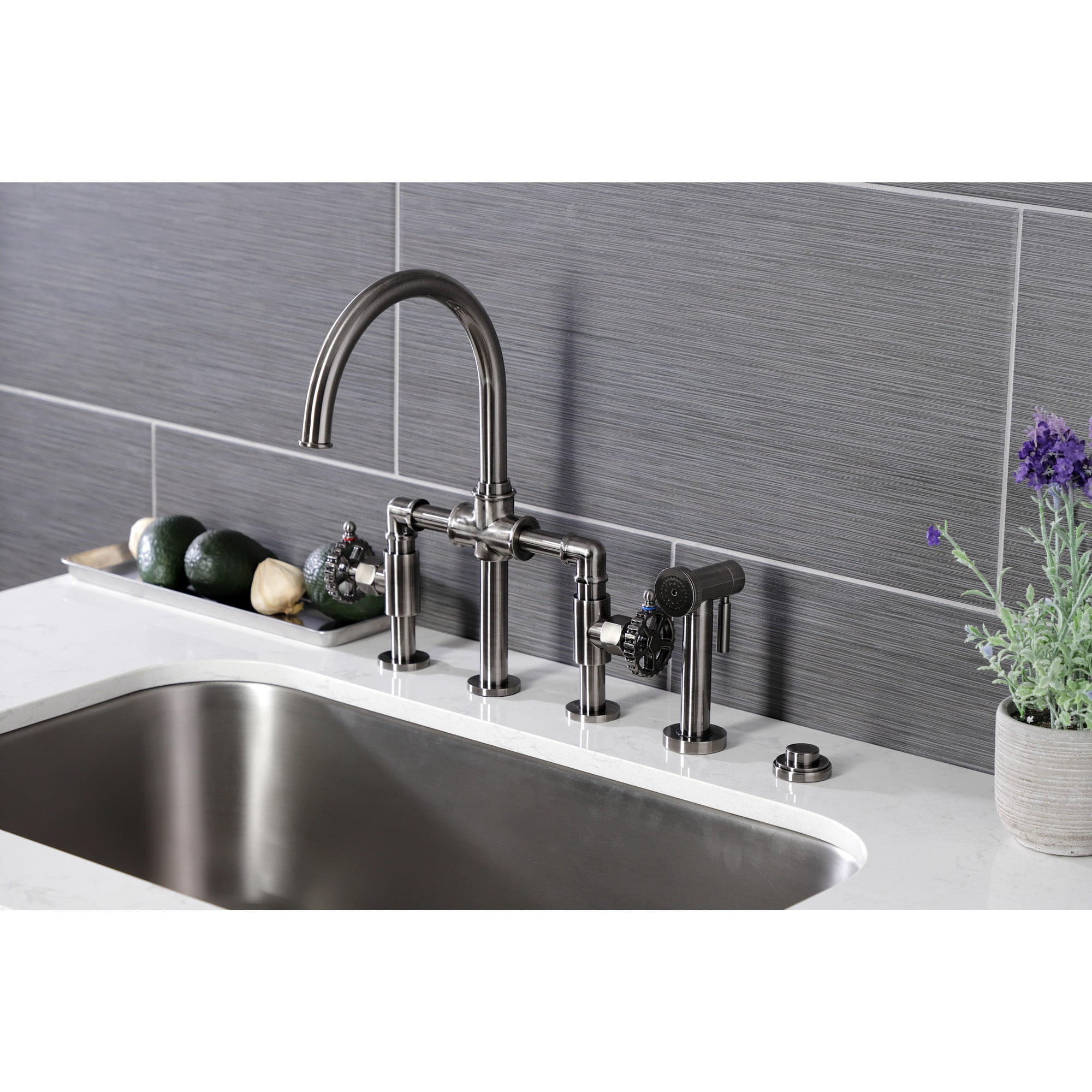 Kingston Brass KS2334CG Fuller Two-Handle 4-Hole Deck Mount Industrial Style Bridge Kitchen Faucet with Brass Side Sprayer in Black Stainless