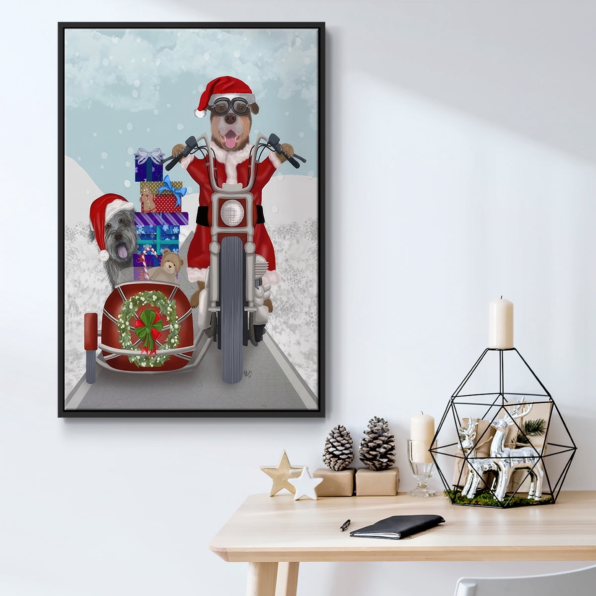 Christmas Mutts Christmas Chopper - Framed Gallery Wrapped Holiday Canvas - 27 x 41 - Black Frame