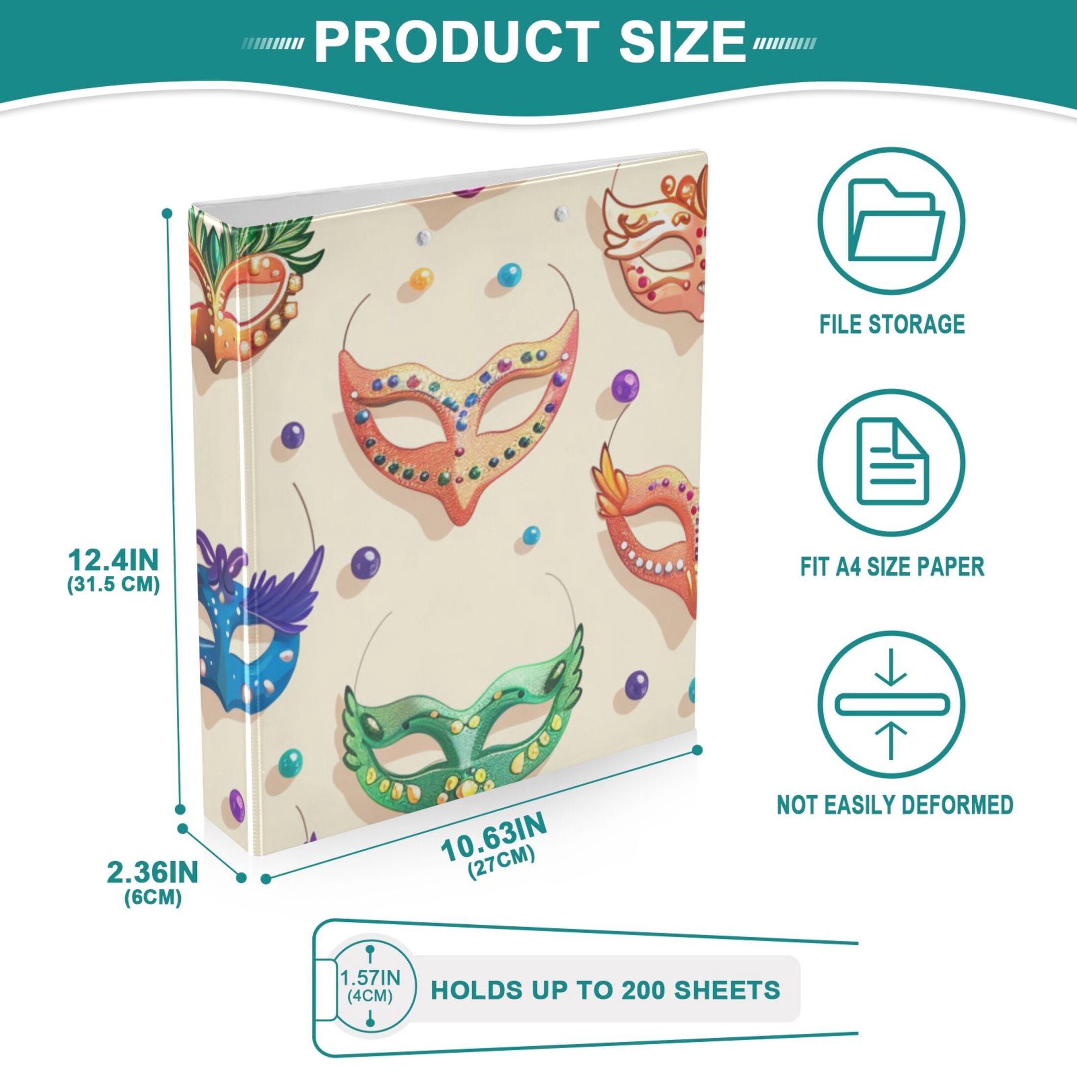 Carnival Masks Beads 3 Ring Binders 1.5 inch Hardcover File Folders with Interior Pockets A4 Size Organizer for School Office Hospital