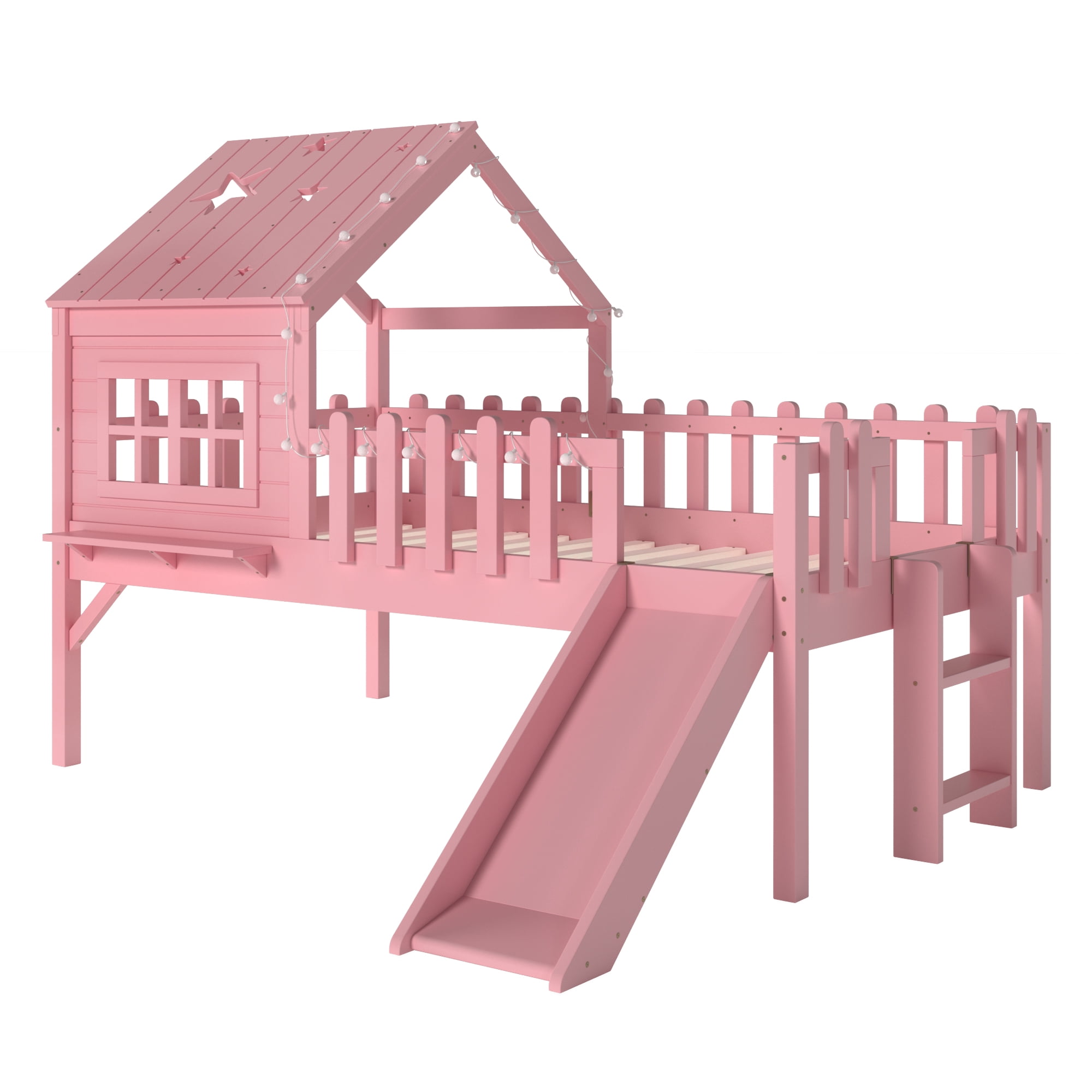 Mintazer Twin Size Kids House Loft Bed with Slide & LED Lights, Modern Playhouse Bed with Star Shaped Designs & Ladder, No Box Spring Needed, Pink