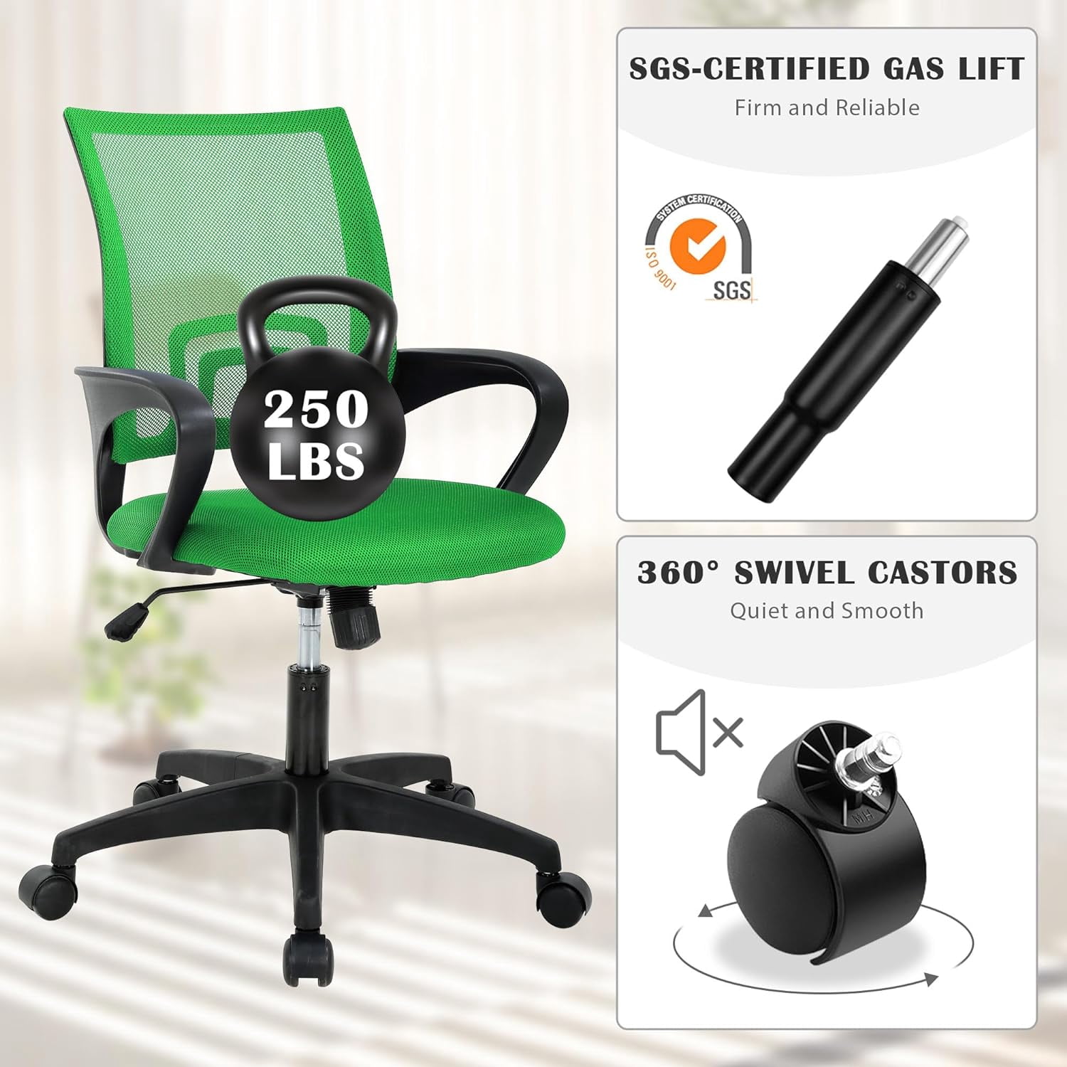 Dkelincs Ergonomic Office Chair Mesh Adjustable Computer Desk Chair with Lumbar Support for Home Office, Green