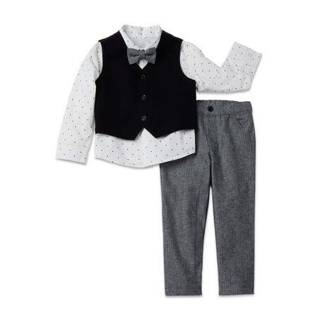Wonder Nation Toddler Boy Long Sleeve Print Button Up Shirt, Bowtie, Solid Vest & Pant, 4pc Dressy Outfit Set