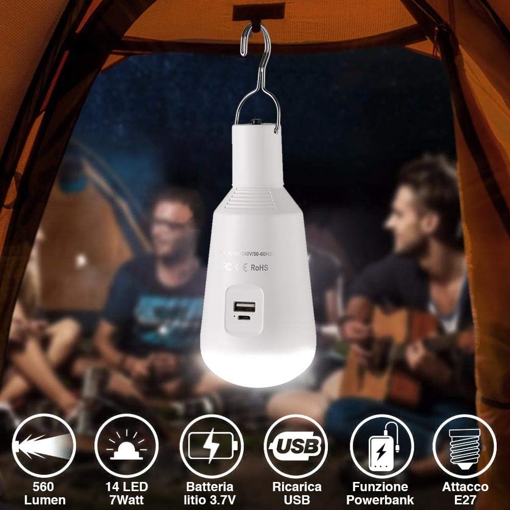 Emergency LED Light Rechargeable Tent Lamp Hiking Backpacking Night E27 Bulb Portable Cordless Hanging Lantern Lighting