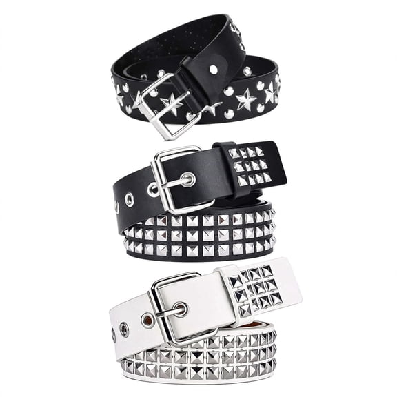 Plumilo Studded Belts for Women, 3 Pack Womens Belts for Jeans and Dresses, PU Leather Rivet Belt with Metal Buckle, Punk Y2K Fashion Belt, Black White