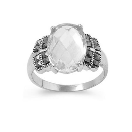 - Round Clear Cubic Zirconia Center Simulated Marcasite Vintage Style Ring Sterling Silver