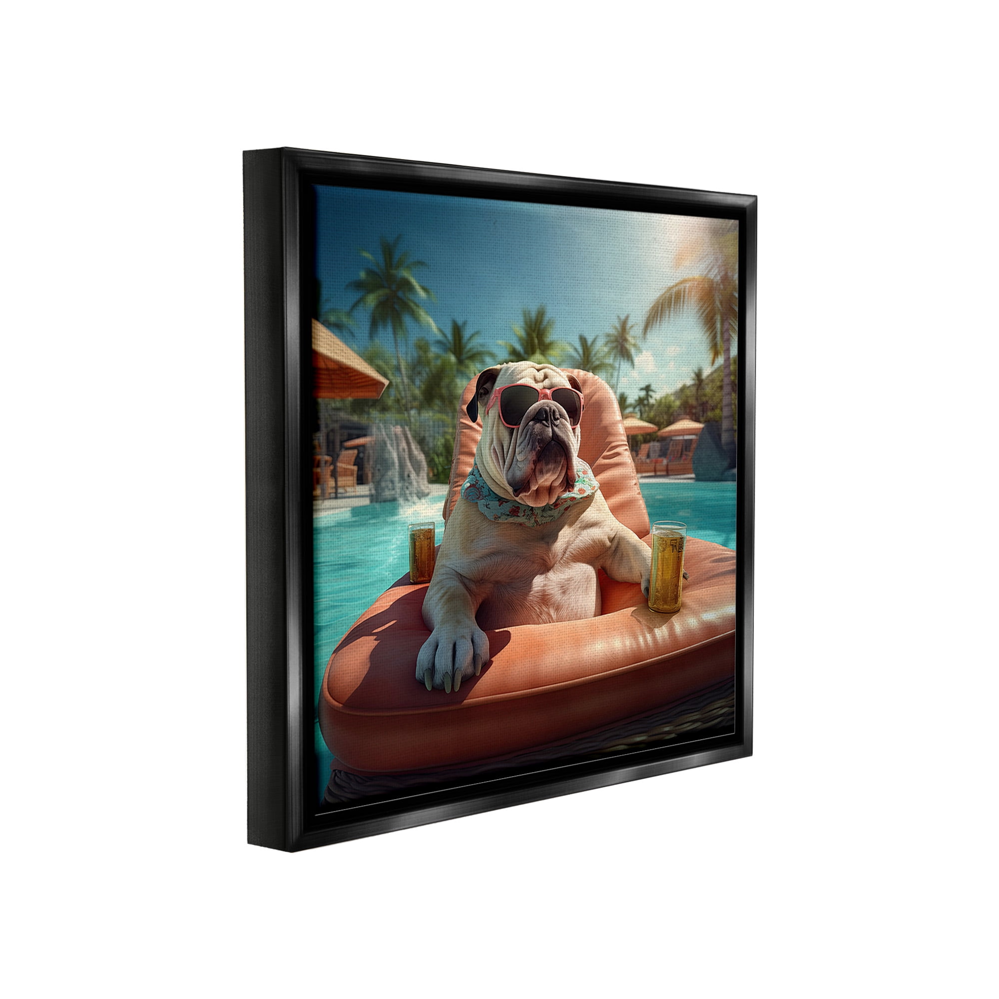 Stupell Industries Bulldog in Resort Pool Animals & Insects Painting Black Floater Framed Canvas Art Print Wall Art, 18 x 18