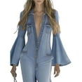 thumbnail image 3 of Women's Denim Jumpsuit Romper Long Bell Sleeve Button Down One-Piece Pants Outfit Light Blue S, 3 of 8