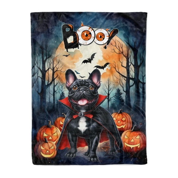 Happy Halloween Vampire French Bulldog BOO with Pumpkins Fun and Spooky Cozy Fleece Blanket Dog Lover Gifts Warm Soft Throw Blanket - 00018