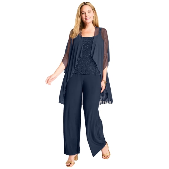 Woman Within Plus Size 3-Piece Pant Set With Beaded Tank
