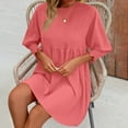 thumbnail image 6 of qolati Summer Dresses for Women Boho Spring Crewneck Smocked 3/4 Sleeve Casual A-Line Dress Trendy Loose Swing Midi Babydolls Cocktail Dress, 6 of 7