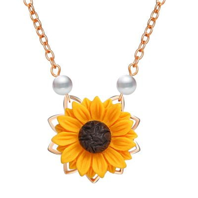 Alexandrite Lab - TURNTABLE LAB Sunflower Pearl Leaf Chain Resin Boho Handmade Drop Pendant Choker Necklace Plated Gold/Rose Gold/Silver