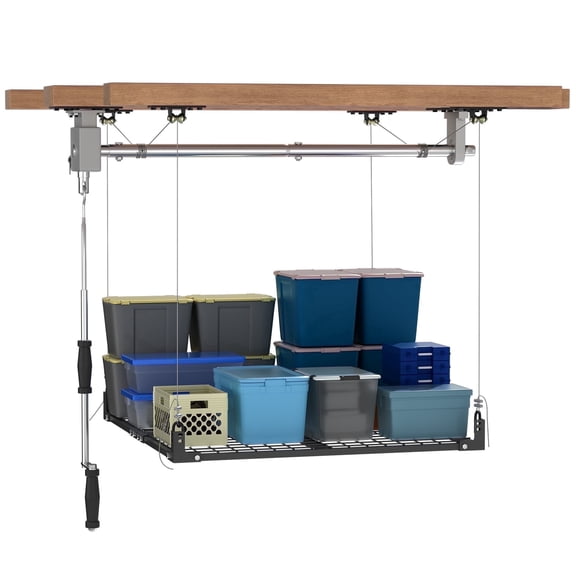 YOHKOH Overhead Garage Lifting Storage Rack, 4x4 Ft Heavy-Duty Metal Garage Ceiling Rack, Adjustable Organization System, 400lbs Weight Capacity, Black