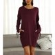 thumbnail image 2 of Vestido túnica con puños atados y bolsillos, cuello redondo, manga larga, vestido holgado de color puro, de gran tamaño, para mujer, rojo vino L, 2 of 8