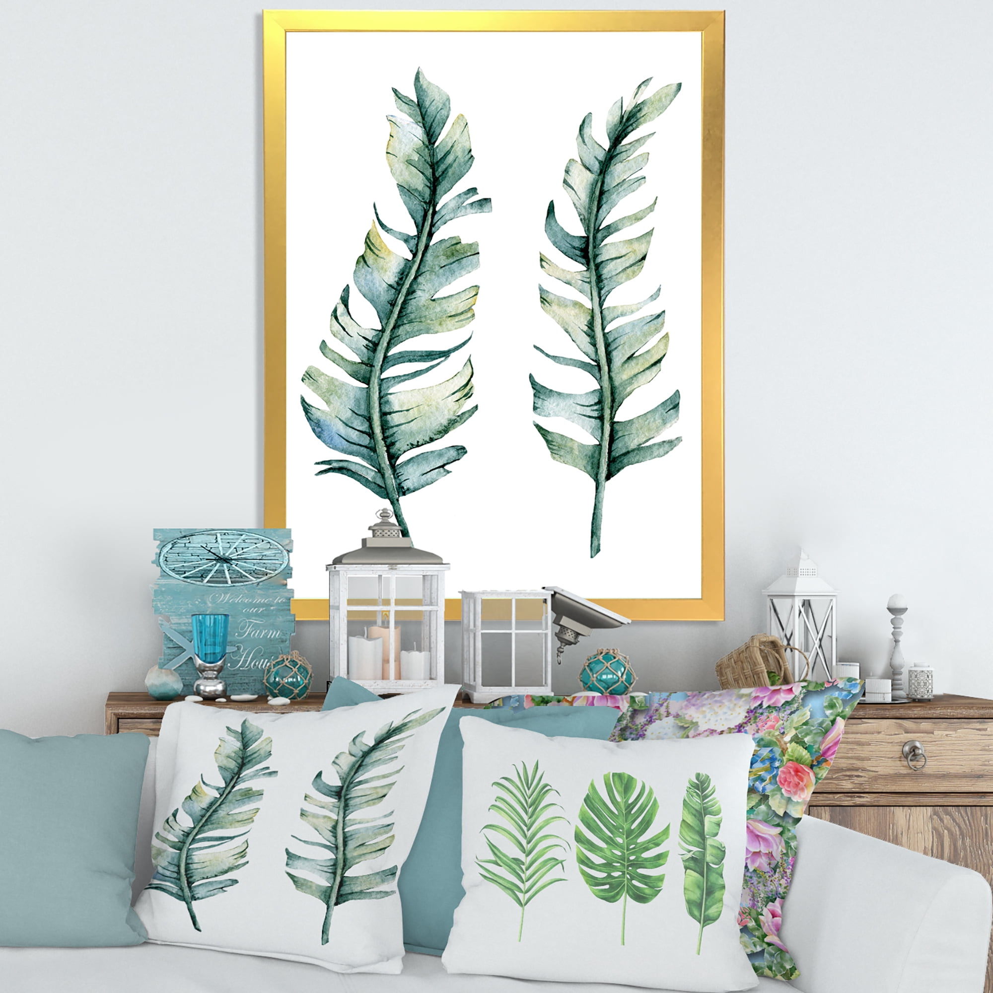 Designart 'Duo of Tropical Leaves On White' Farmhouse Framed Art Print