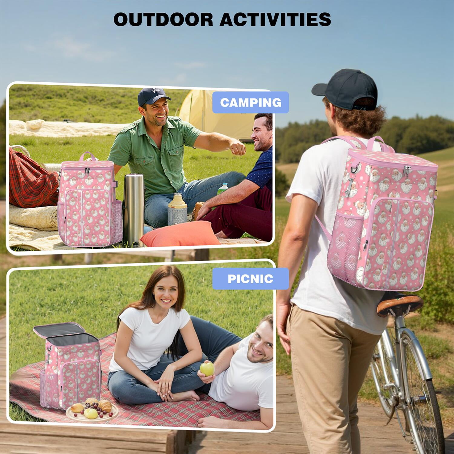Travel Cooler Bag - Pink Christmas Santa Pattern Camping Beer Cooler Backpack with Bottle Opener- Waterproof Insulated Picnic Backpacks - Cooler Bag for Beach