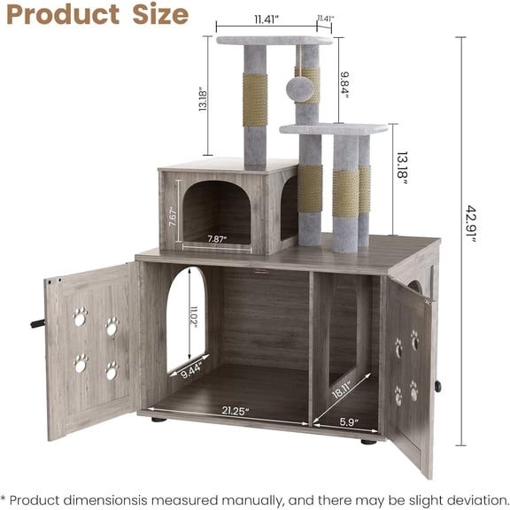 Litter Box Enclosure with Tree Tower 2-in-1 Hidden Pet Washroom Furniture Scratching Post Plush Perch Wooden House Condo for Indoor Large Cats Gray