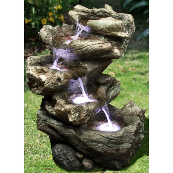 21.75" Ivory and Gray Four Level Log LED Waterfall Fountain
