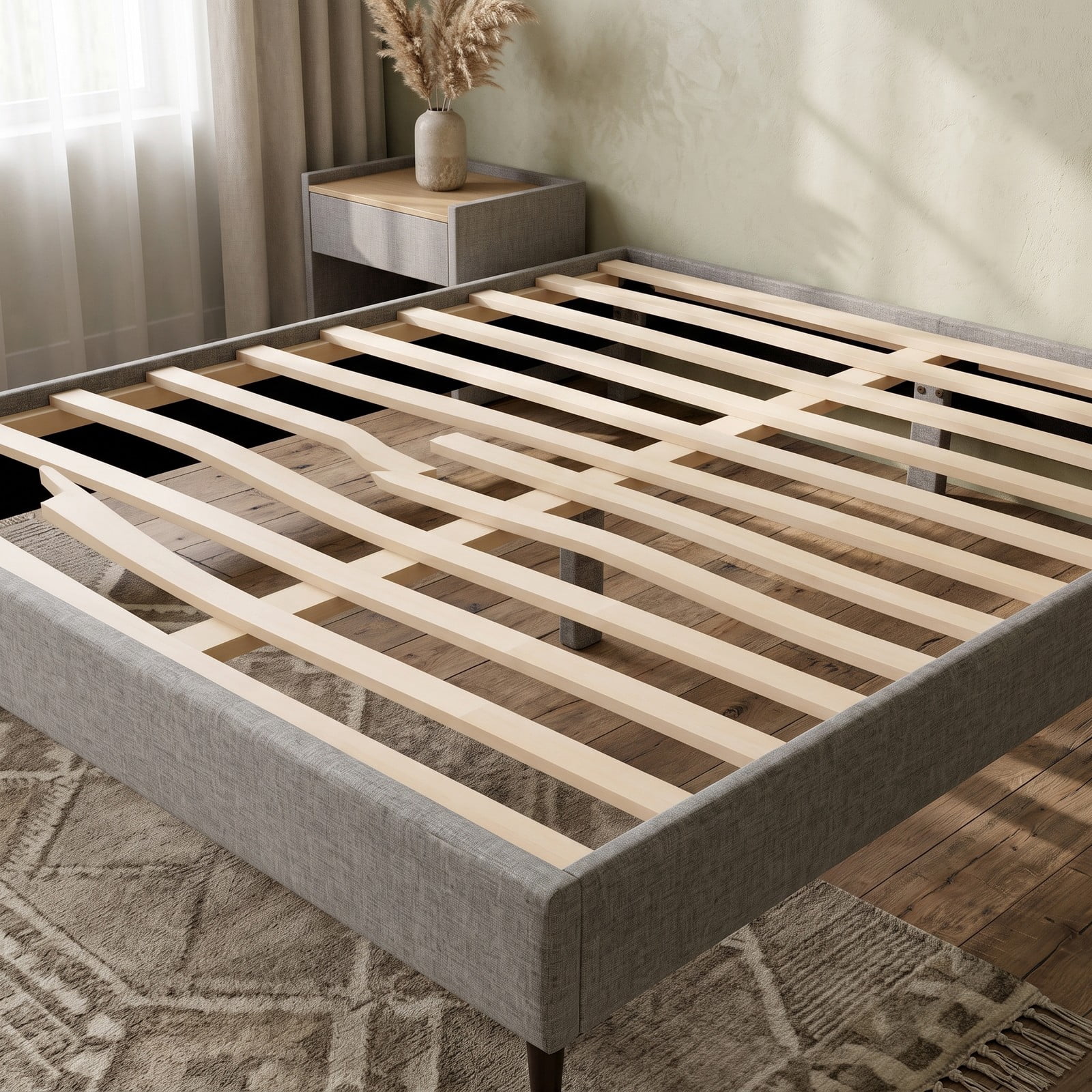 Furnibear Queen Size Upholstered Bed Frame with Wingback Headboard, Storage Bed Frame with Drawer, Queen Platform Bed Frame for Bedroom, Gray