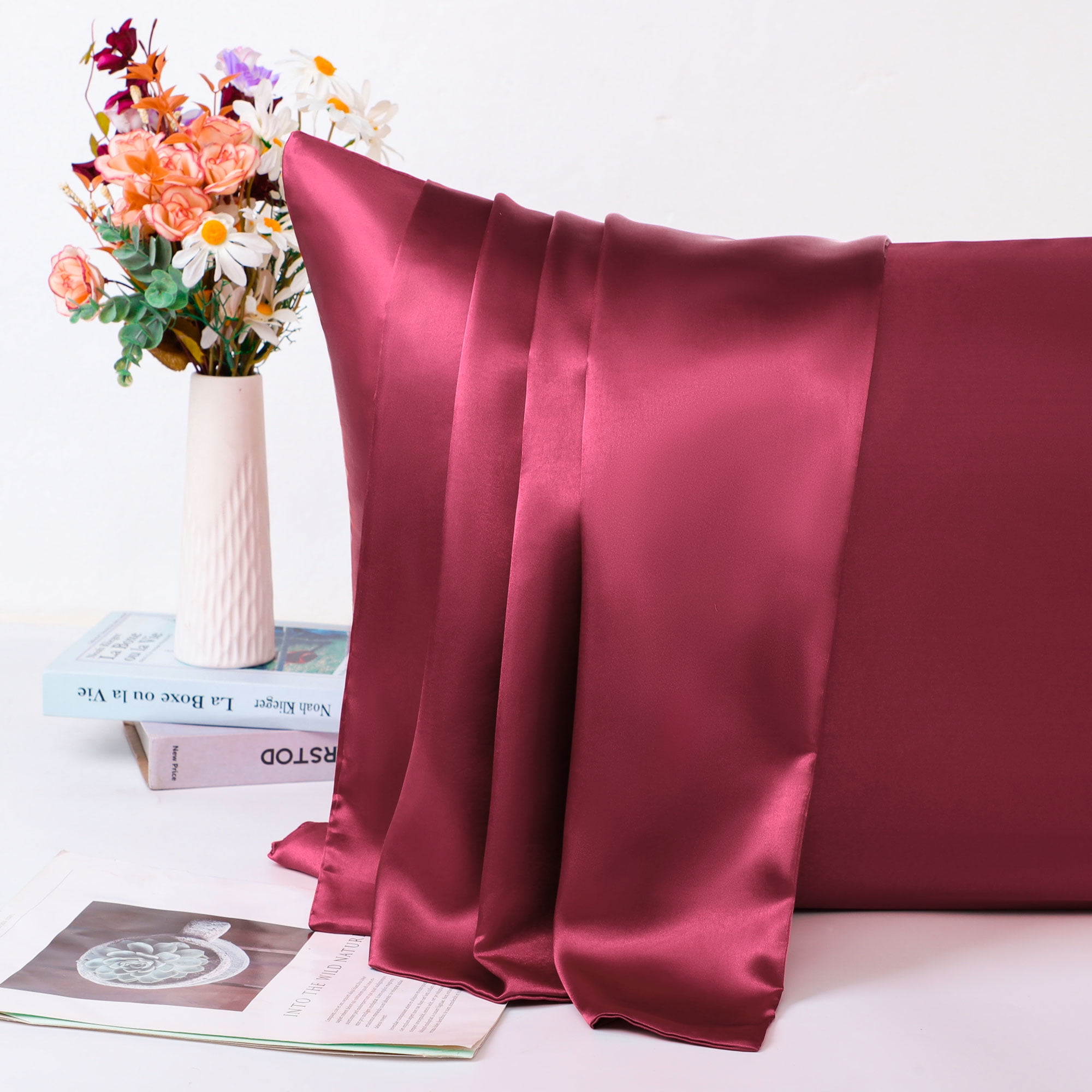 Unique Bargains Satin Set of 2 Zipper Closure Pillowcases Burgundy 20"x30"