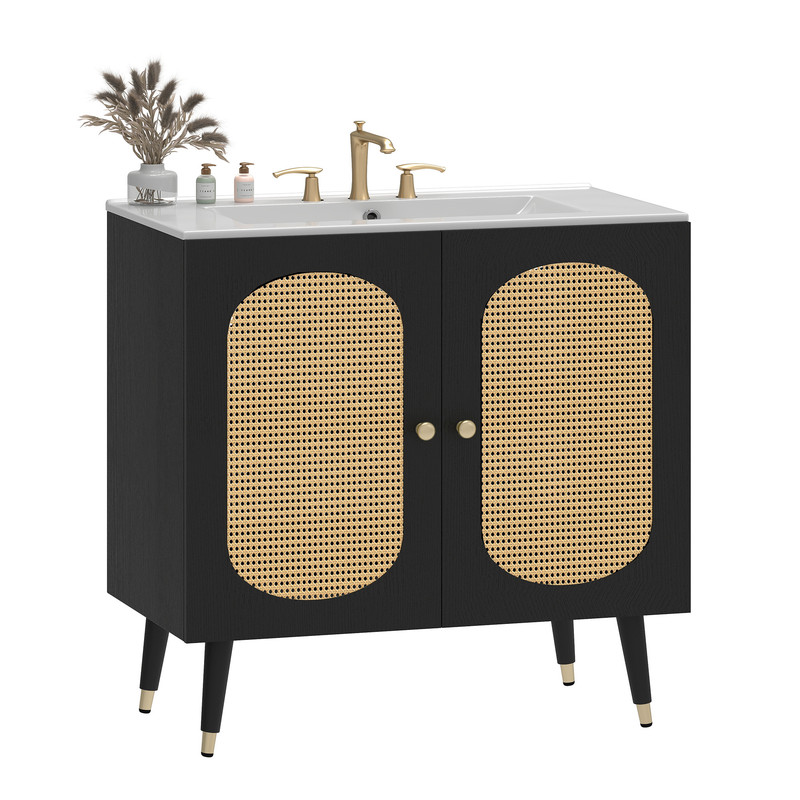 Uforic 36" Bathroom Vanity with Sink, Freestanding Wooden Cabinet Vanity with Soft-Closing Door, Black