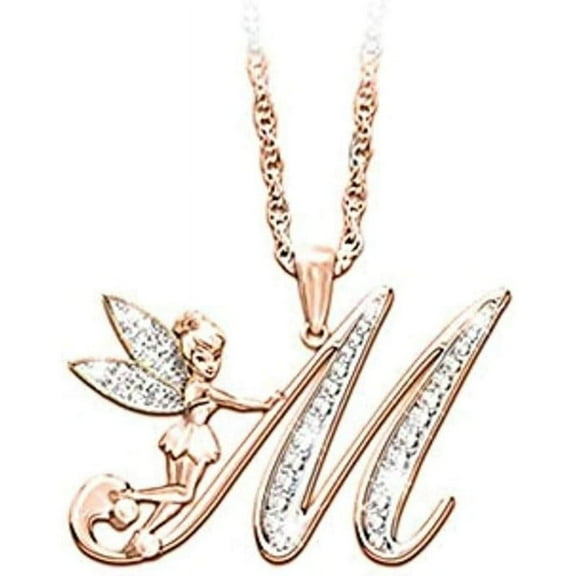 14K Rose Gold Finish Round Cut White Diamond 925 Sterling Silver Diamond Cute Elf Angele With M Initial Letter Pendant Necklace for Women