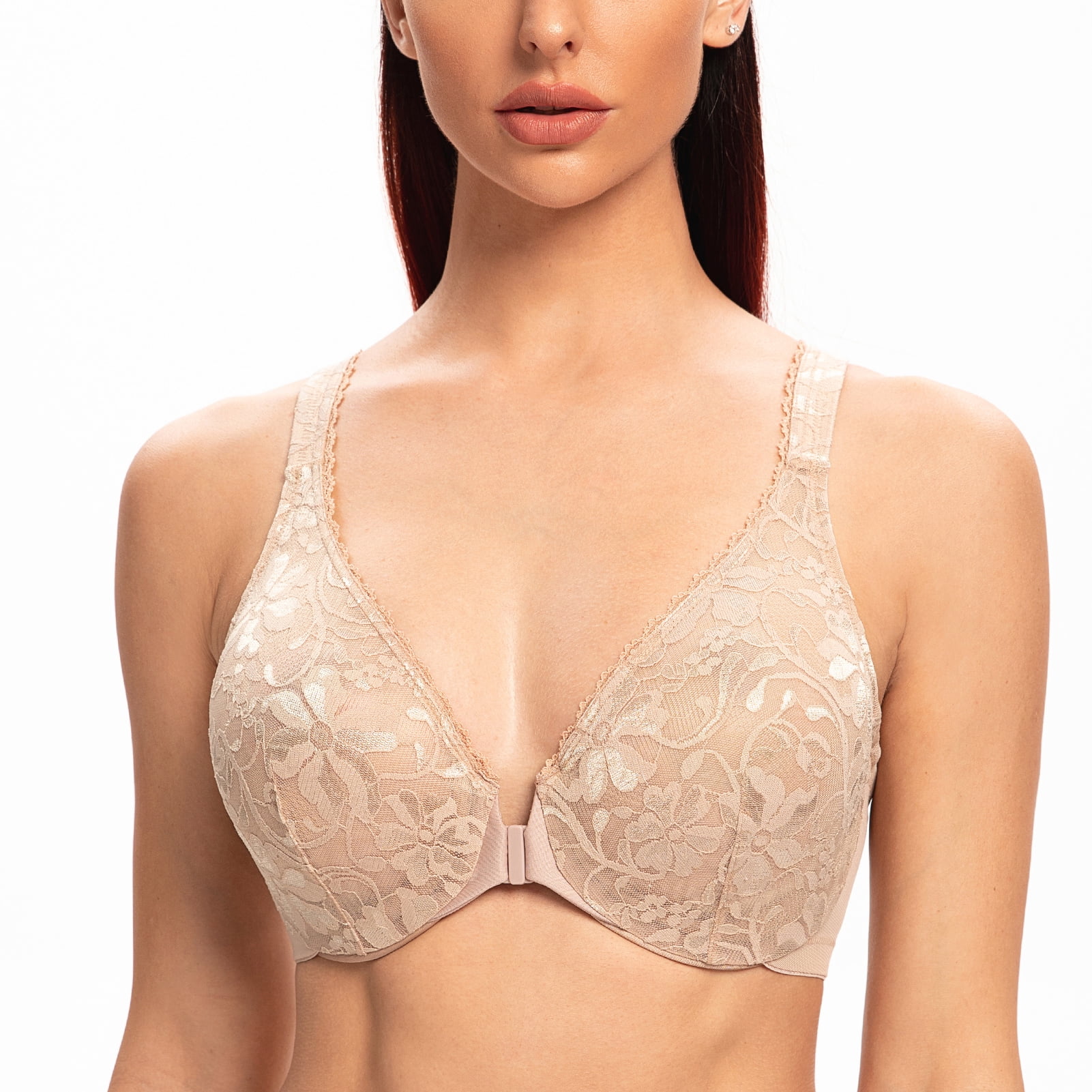 MELENECA Women's Front Closure Stretch Lace Underwire Bra Beige 36C