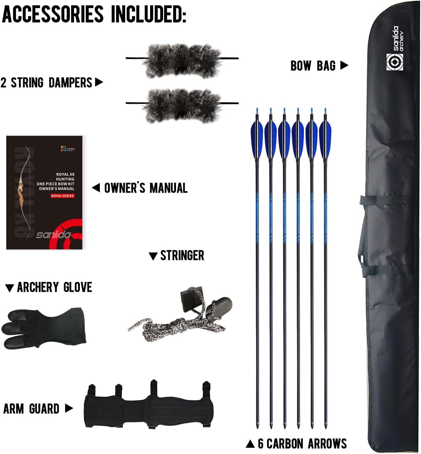 Sanlida Archery 60" Royal X8 One-Piece Bow Traditional Wooden Hunting Bow Handmade Hunting Bow and Arrows Kit for Adults & Traditional Archers, RH Only (35lbs, Dark Wood)