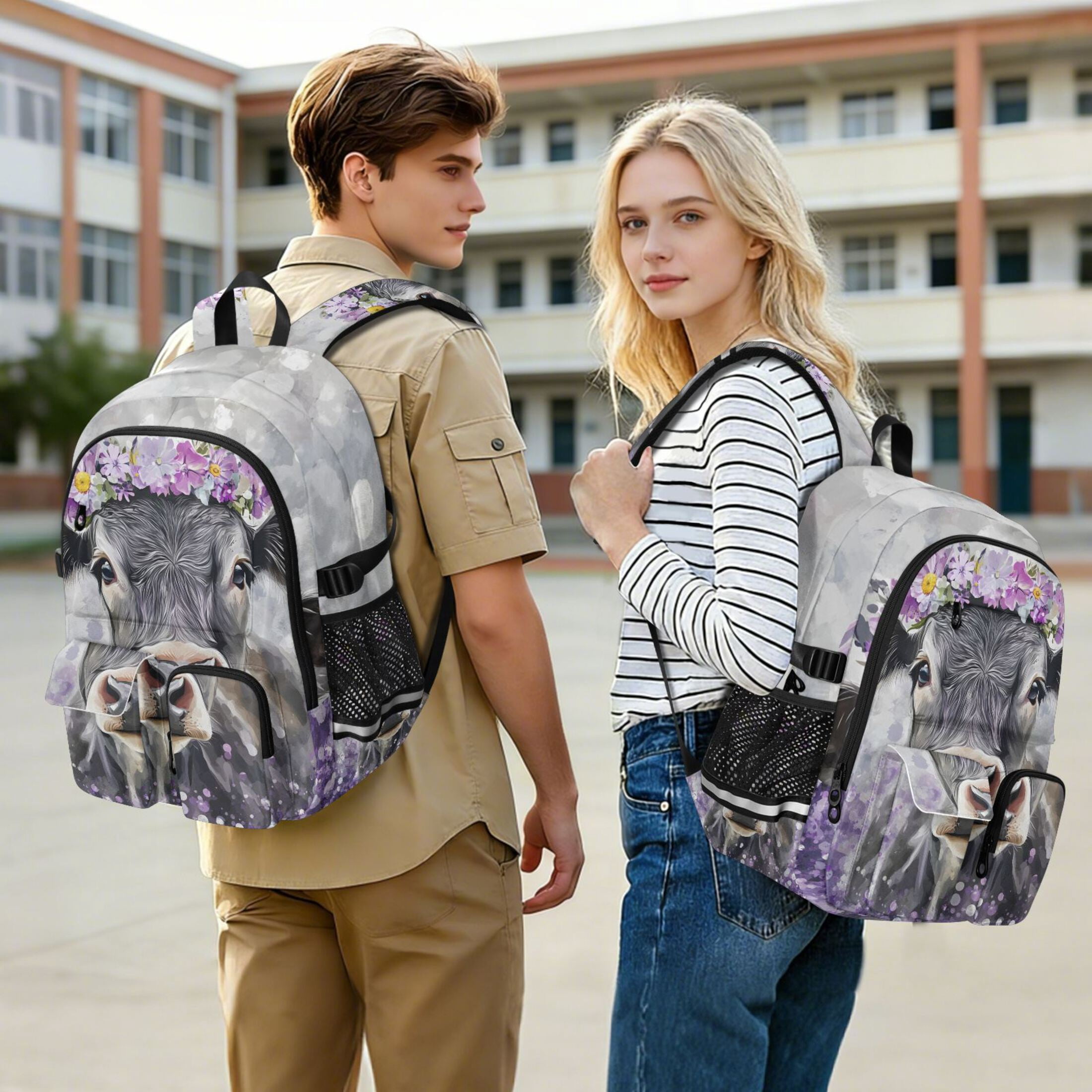ALAZA Cow Wearing Flower Print Student Backpack School Bookbag Large Laptop Daypack Travel Bag
