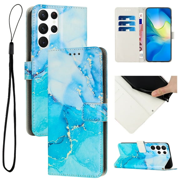 Compatible for Galaxy S24 Ultra Wallet Case, Samsung S24 Ultra Wallet Case[Stand Feature] [Wrist Strap] [Credit Cards Holder] New Marble Pattern Premium PU Leather Flip Protective Cover,Blue