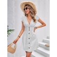 thumbnail image 6 of Women'S Striped Summer Dresses V Neck Casual Mini Dress Flutter Sleeve Ruffle Button Sundresses Grey L, 6 of 8