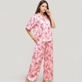 thumbnail image 3 of Women's Satin Button-Up Pajama Set with Short Sleeve Notch Collar Top and Wide Leg Pants in Ribbon Print - X Large, Pink, 3 of 7