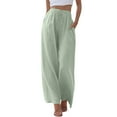 thumbnail image 2 of TrendOFT Womens Cotton Linen Palazzo Pants Flowy Wide Leg Beach Trousers with Pockets Casual Pants Green M, 2 of 7