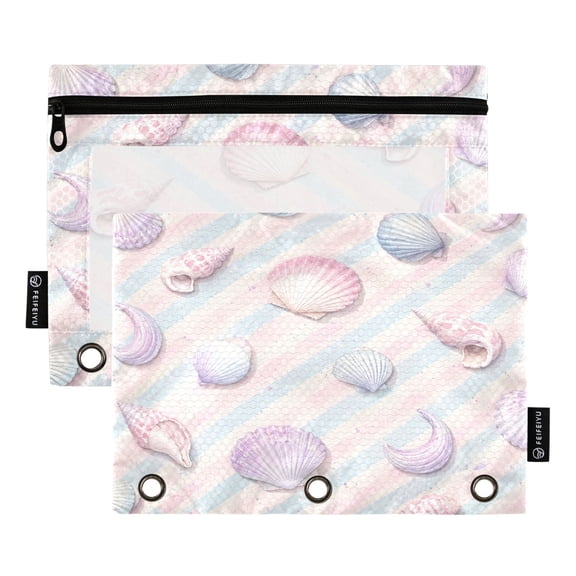 2 Pack 3 Ring Binder Pouch with Clear PVC Window Water Resistant Zipper Pencil Pouch Candy Stripe Beach Shells Binder Pocket for Classroom Office Home Stationery Organization